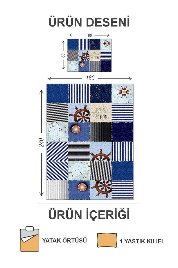 Kapitoneli Pamuk Dolgulu Kadife Kumaş Gemi Desenli Tek Kişilik Çocuk Genç Yatak Örtüsü Seti - 2