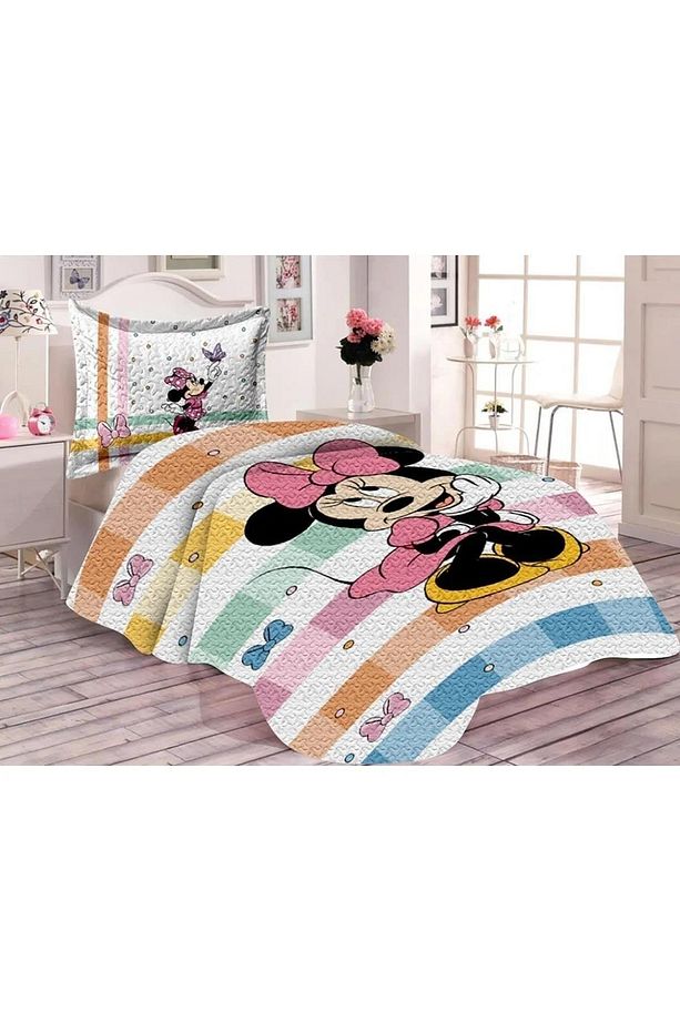 Pamuk Dolgulu Kadife Kumaş Mickey Mouse Desenli Tek Kişilik Çocuk Kapitone Yatak Örtüsü - 1