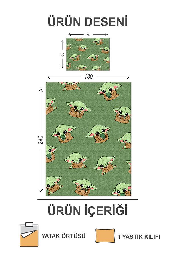 Kapitoneli Pamuk Dolgulu Kadife Kumaş Yoda Desenli Tek Kişilik Çocuk Genç Yatak Örtüsü Seti - 2