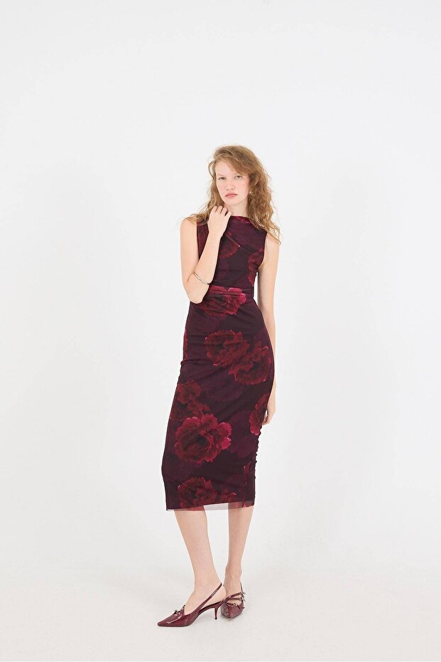 Floral Patterned Midi Tulle Dress E11473-Z7