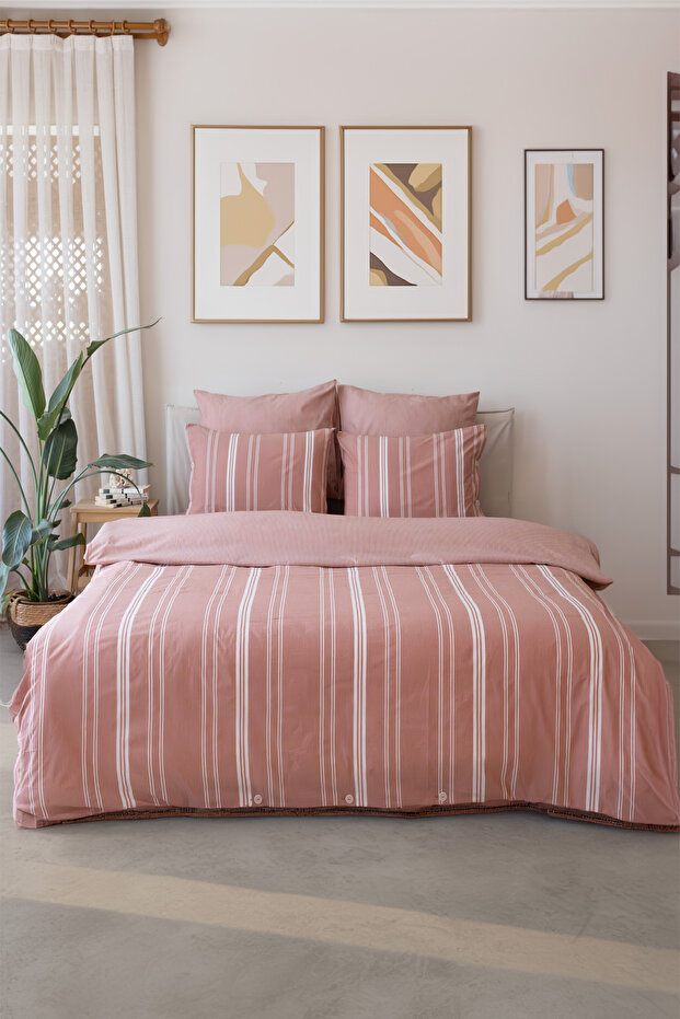 Bohemian Natural Striped Double Duvet Cover Set with 4 Pillows and Elastic Sheets Orange