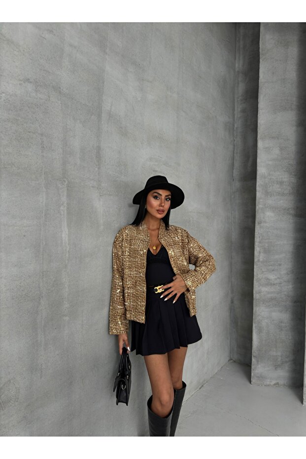 Kadın Bomber Oversıze Gold Pullu Ceket - 7