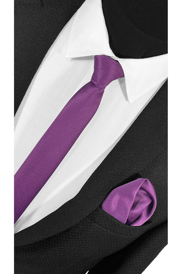 Ekstra Ince Açık Mürdüm Renk Düz Slim Fit 4 Cm Genişliğinde Kravat Mendil Seti Slim Fit Dar - 3