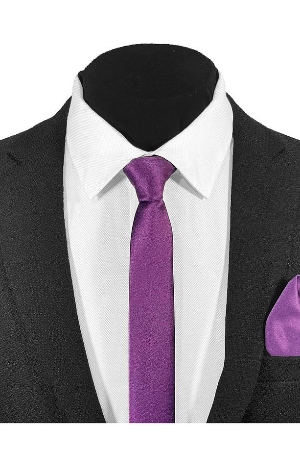 Ekstra Ince Açık Mürdüm Renk Düz Slim Fit 4 Cm Genişliğinde Kravat Mendil Seti Slim Fit Dar - 2