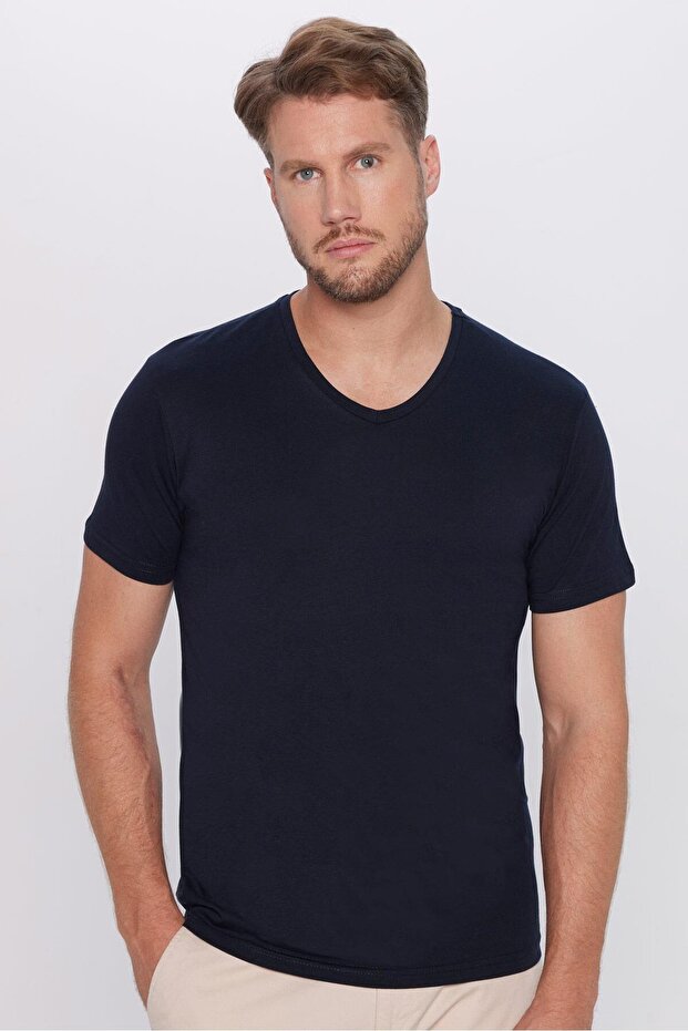 Men's Slim Fit Slim Fit 100% Cotton Soft Textured Navy Blue V-Neck T-Shirt