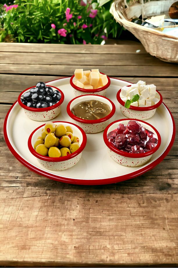 7 Parça Orta Boy Emaye Kahvaltı Seti, Sunum, Kahvaltı Tabağı, Reçellik, Zeytin, Peynir Tabağı, - 1