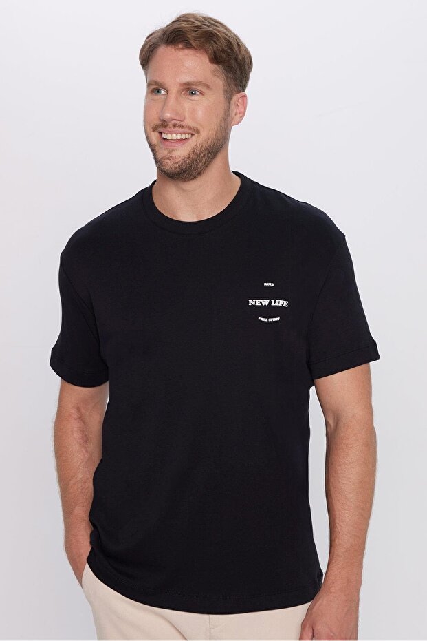 Men's Relax Fit Relaxed Fit 100% Organic Cotton Soft Texture Black Crew Neck T-Shirt