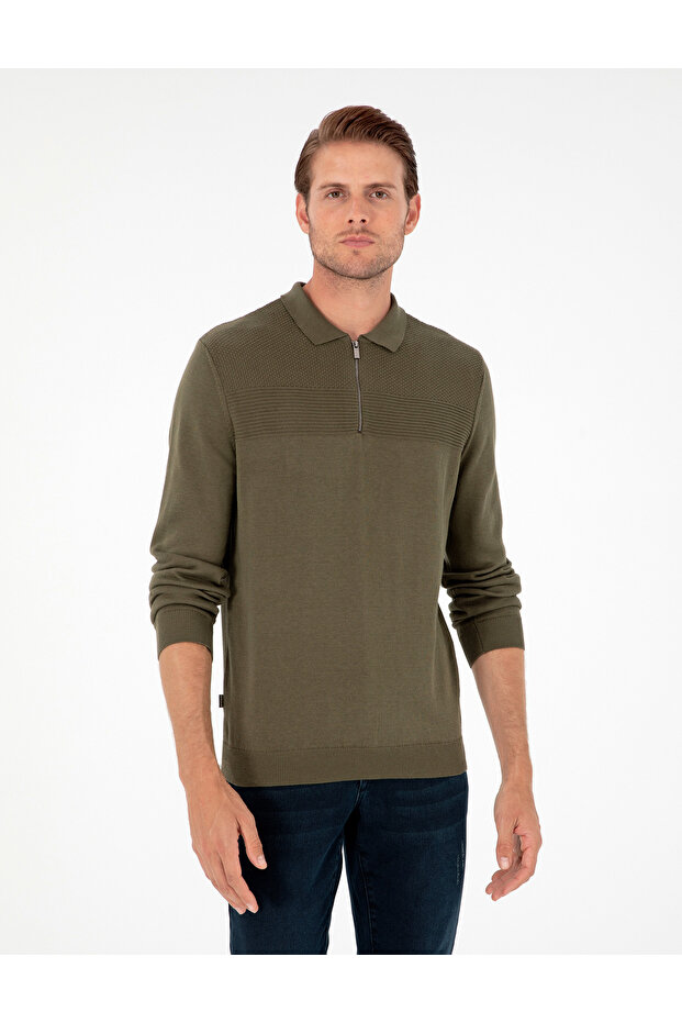 Dark Khaki Slim Fit Zippered Polo Neck Sweater 50300542-Vr111