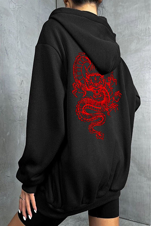 Unisex 2Ip Knitted Fabric Red Dragon Printed Cardigan
