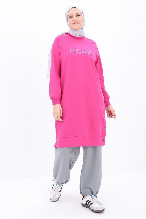 Fuşya Pamuklu Nakışlı Sweat Tunik - 1