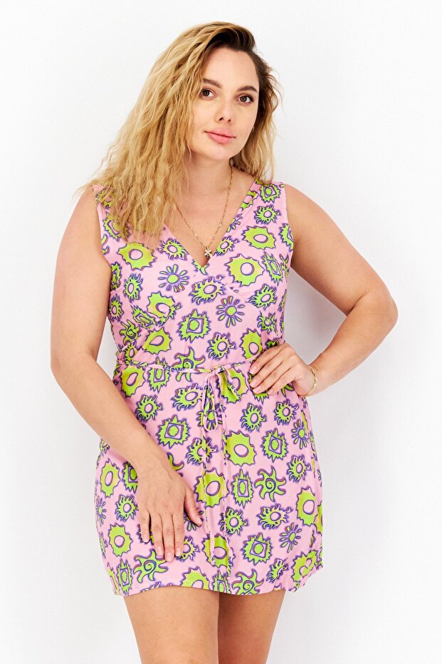 Women V-Neck Sleeveless Mini Dress, Multicolor