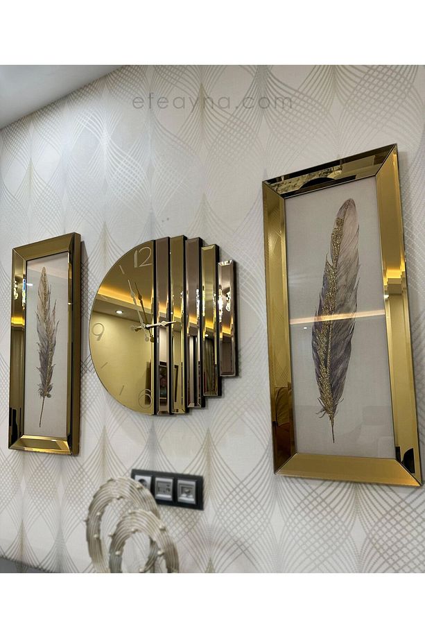 RİTMİK-GOLD AYNA DUVAR SAATİ & ANTİK TÜY TABLO SETİ - 3