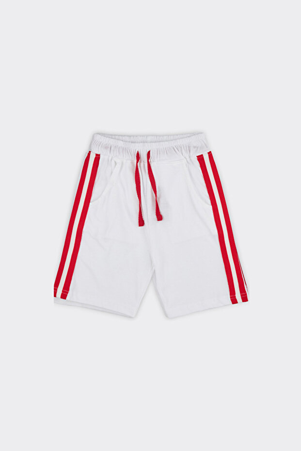 Erkek Çocuk Şerit Detaylı Beyaz Örme Şort - 1