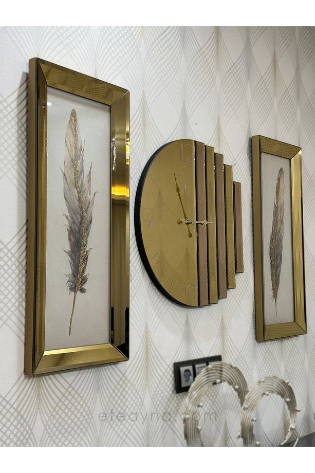 RİTMİK-GOLD AYNA DUVAR SAATİ & ANTİK TÜY TABLO SETİ - 2