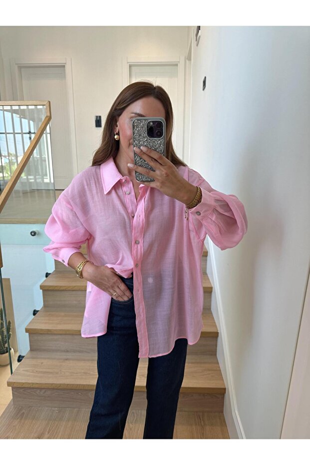 4924 Pembe Oversize İpeksi Gömlek - 7