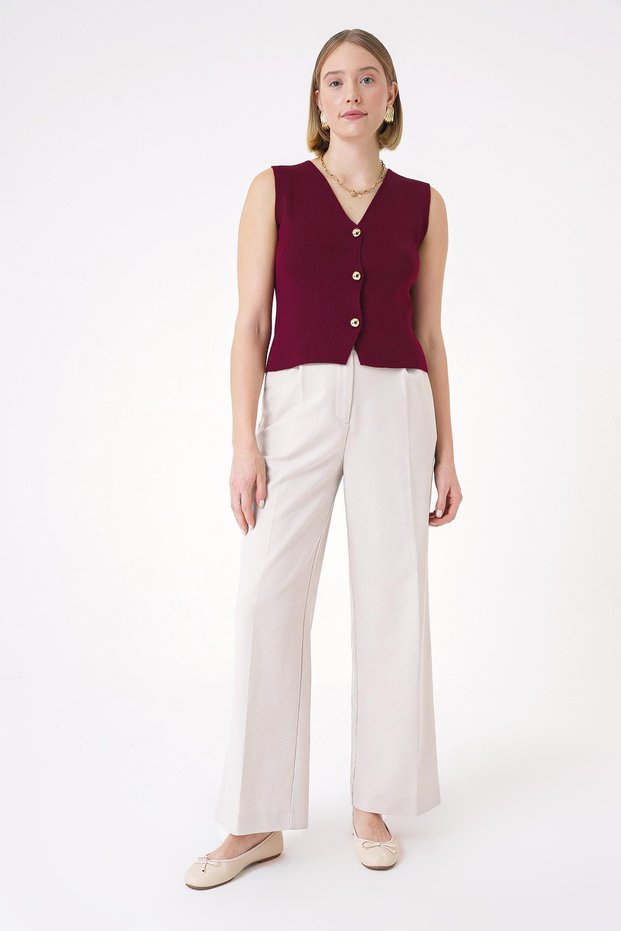 Women's Gold Buttoned Textured Regular Fit Knitwear Vest Claret Red 25W3001