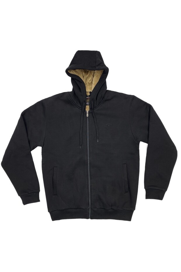 Men's Hooded Fur Lined 3 Thread Inner Pocket Sweatshirt Coat