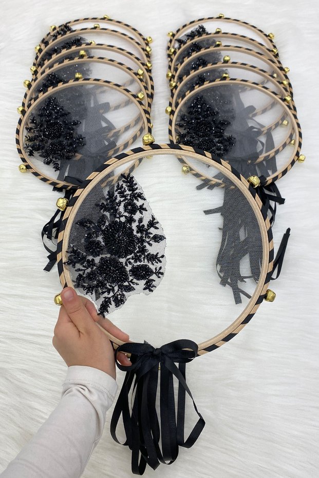 Vip Appliqued Bridal Tambourine Black, Bridesmaid Wedding Henna Night Circumcision Bachelorette Bride with Bell 25cm 1 Piece