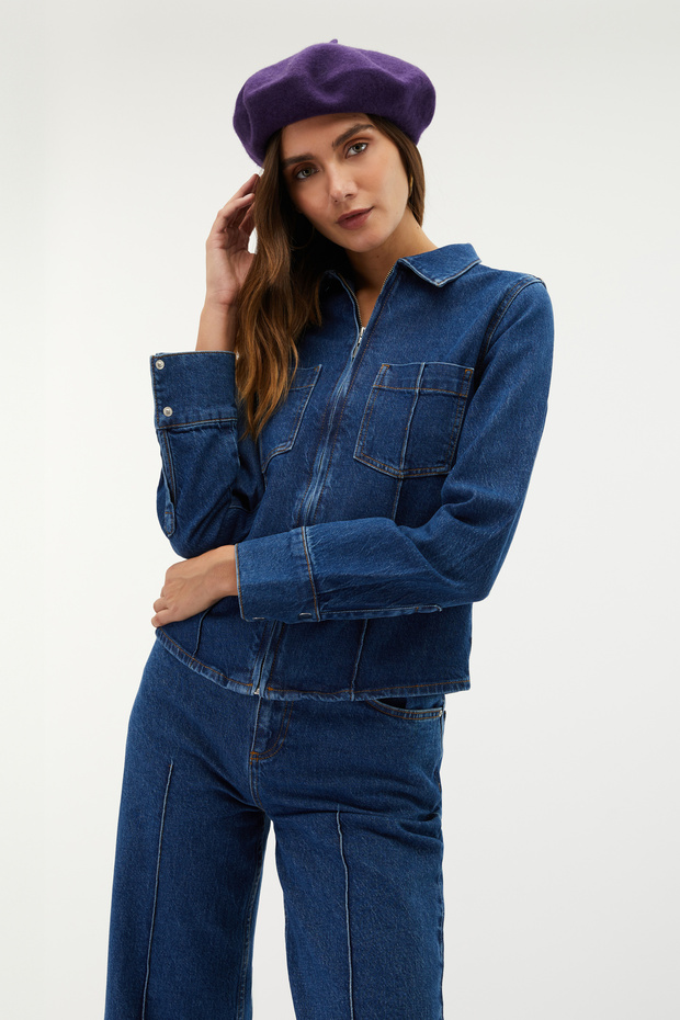 Women's Navy Blue Double Pocket Zippered Jean Jacket