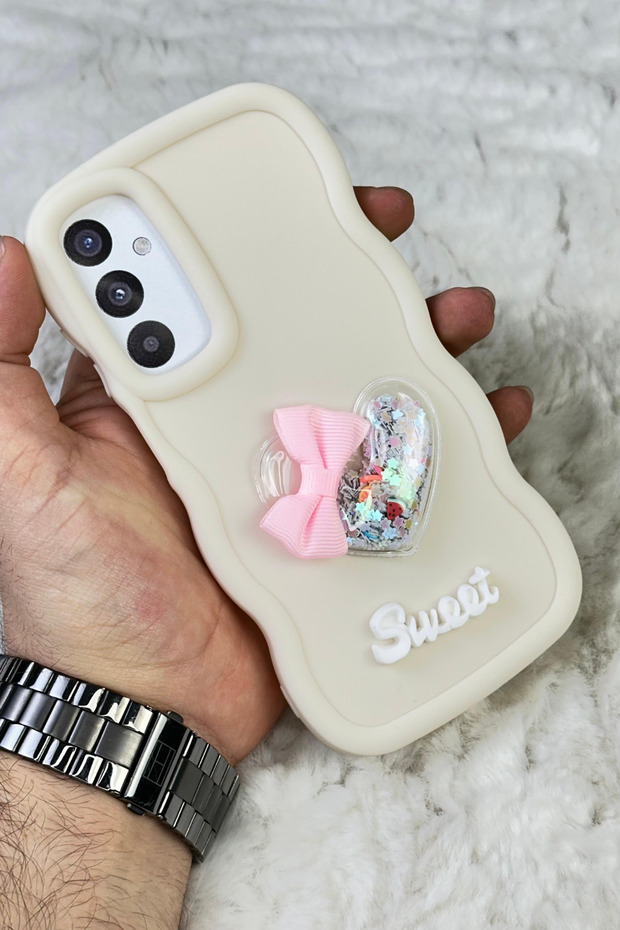 Samsung Galaxy A15 Compatible Colorful Heart Ribbon Detailed Glittery Wavy Sweety Case