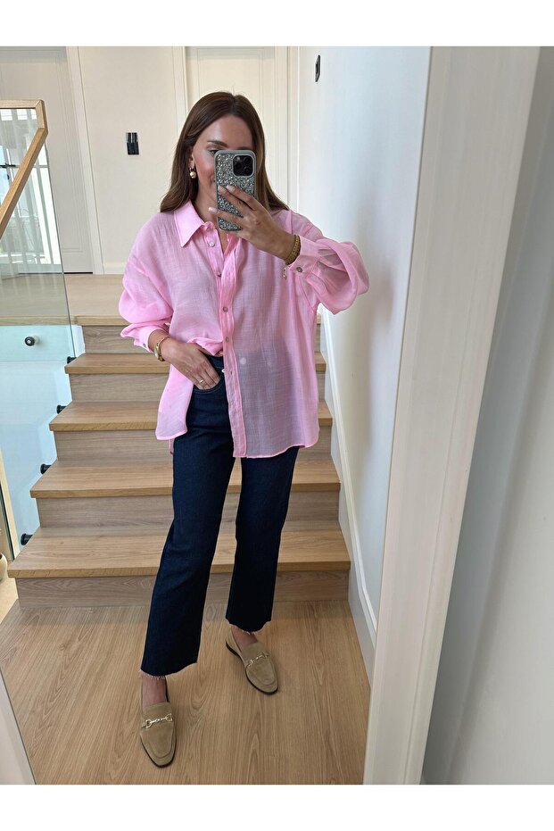 4924 Pembe Oversize İpeksi Gömlek - 6