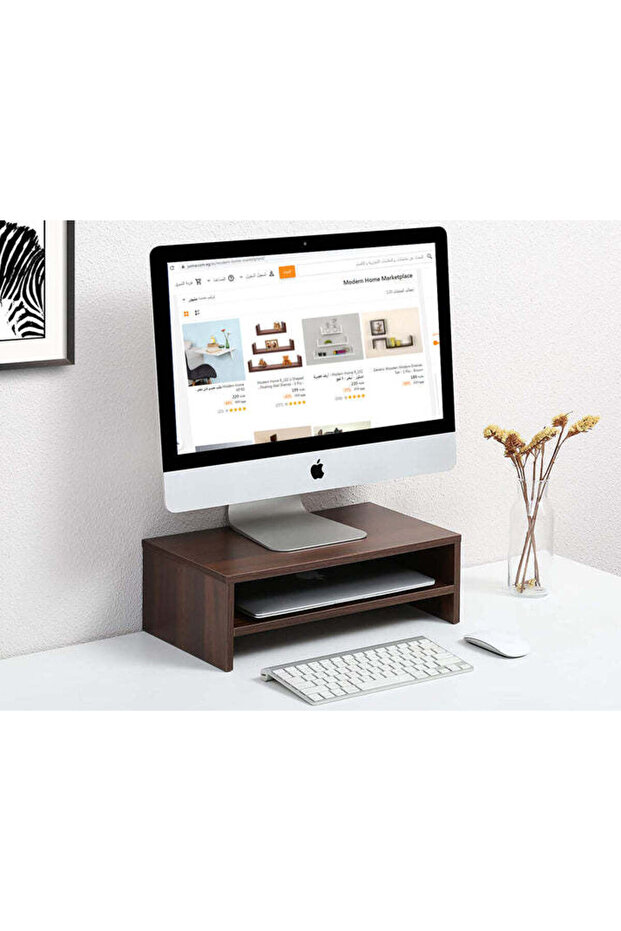 Compact Monitor Stand Riser with Storage Shelf - Ergonomic Desk Organizer - Brown