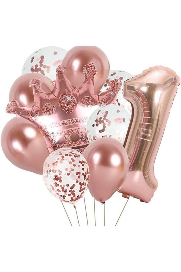 Rose 1 Year Old Foil Balloon and Rose Crown Foil Balloon Balloon Bundle Set of 22