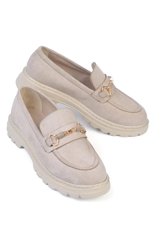 Rauga Women's Loafers with Buckle, Ballerina Shoes, Beige Suede