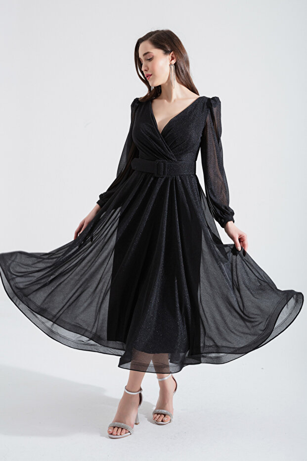 Women's Black Double-breasted Collar Belt Glitter Midi Evening Dress