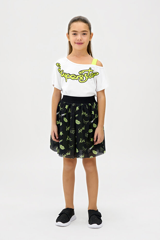 Girl's White T-Shirt with Tape Collar Detail