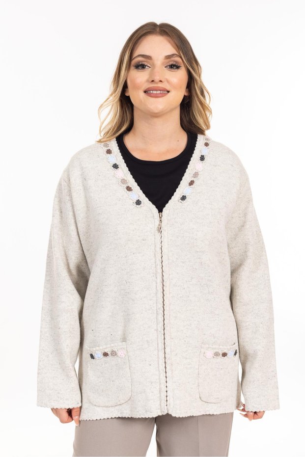 New Season Women's Knitwear Cardigan - Felt Wool Zippered, Embroidered Winter Knit 8174-Mink