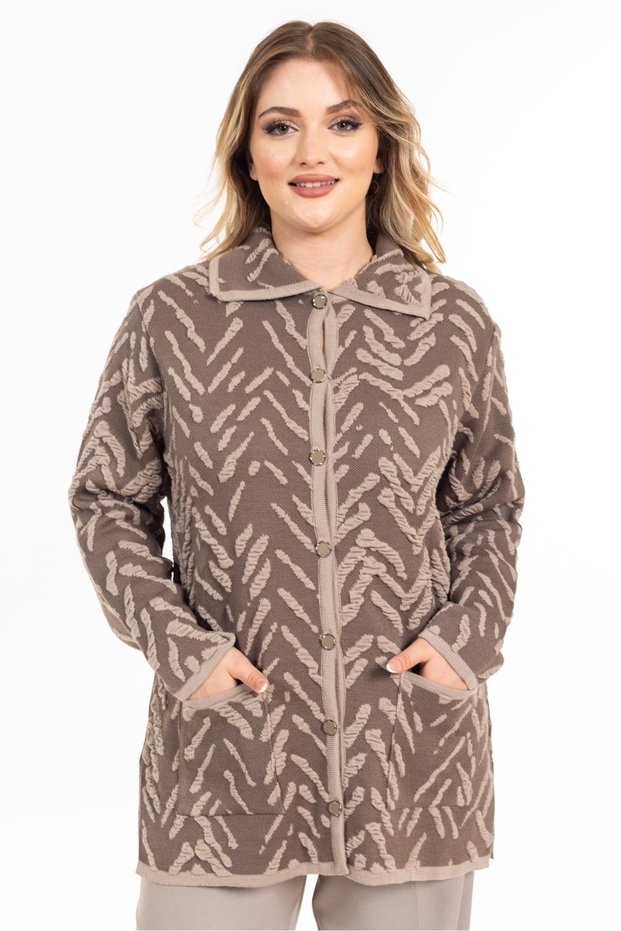 New Season Women's Knitwear Knitted Tight Woven Buttoned Shirt Collar Mother Winter Cardigan 32043-Mink