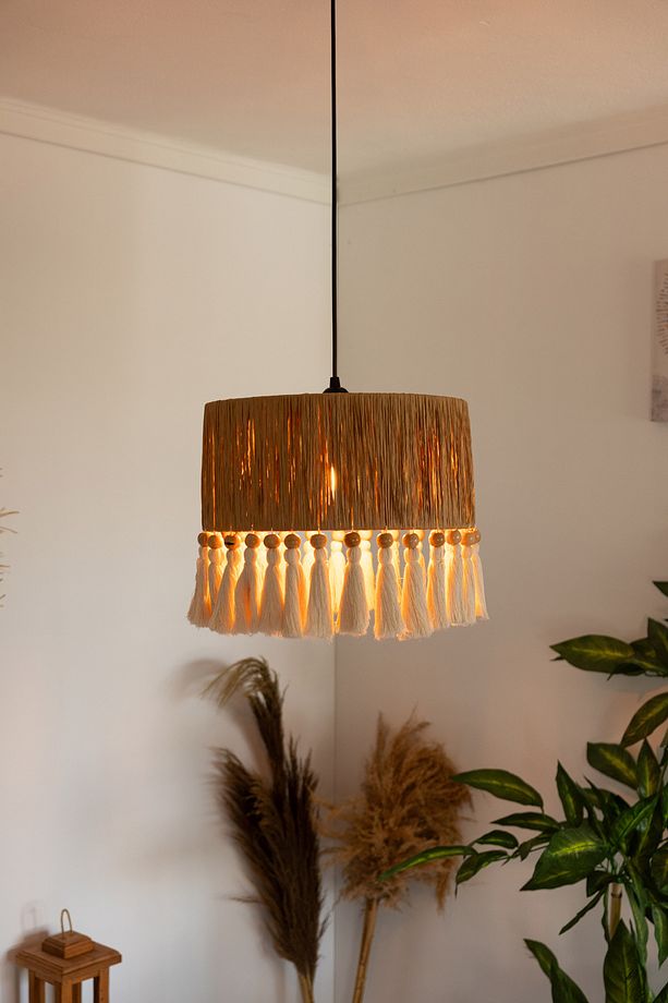 Püsküllü Rattan Bohem Avize Rustik Hasır Avize El İşçiliği Doğal Jüt Boho Chandelier - 4