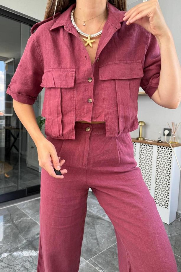 Premium Keten Crop Gömlek Vişne Çürüğü - 5