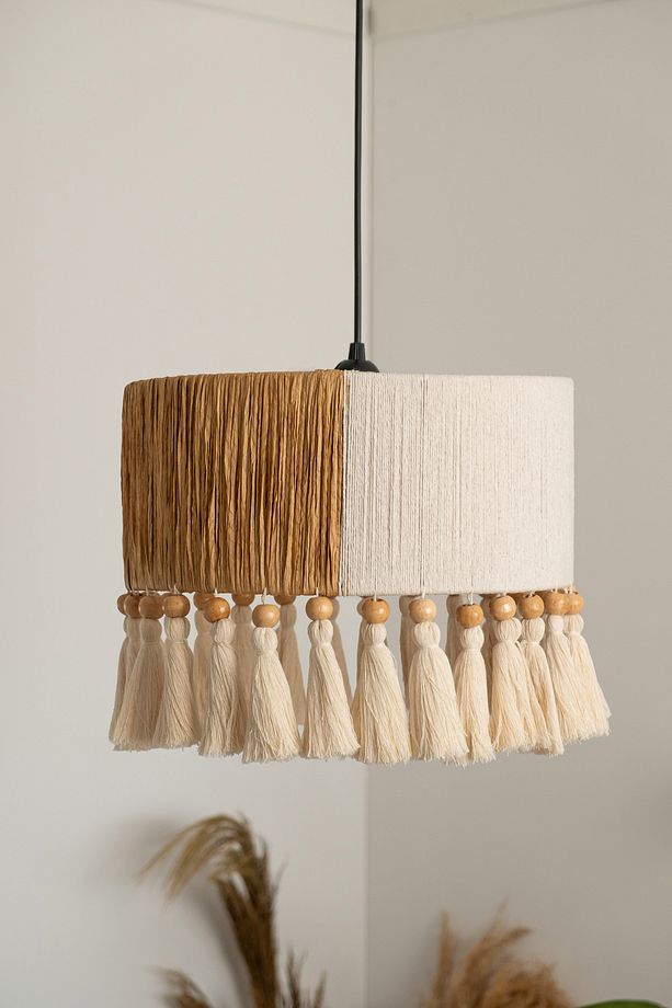 Beyaz Püsküllü Bohem Avize Rustik Rattan Avize Hasır Avize El İşçiliği Doğal Boho Chandelier - 3