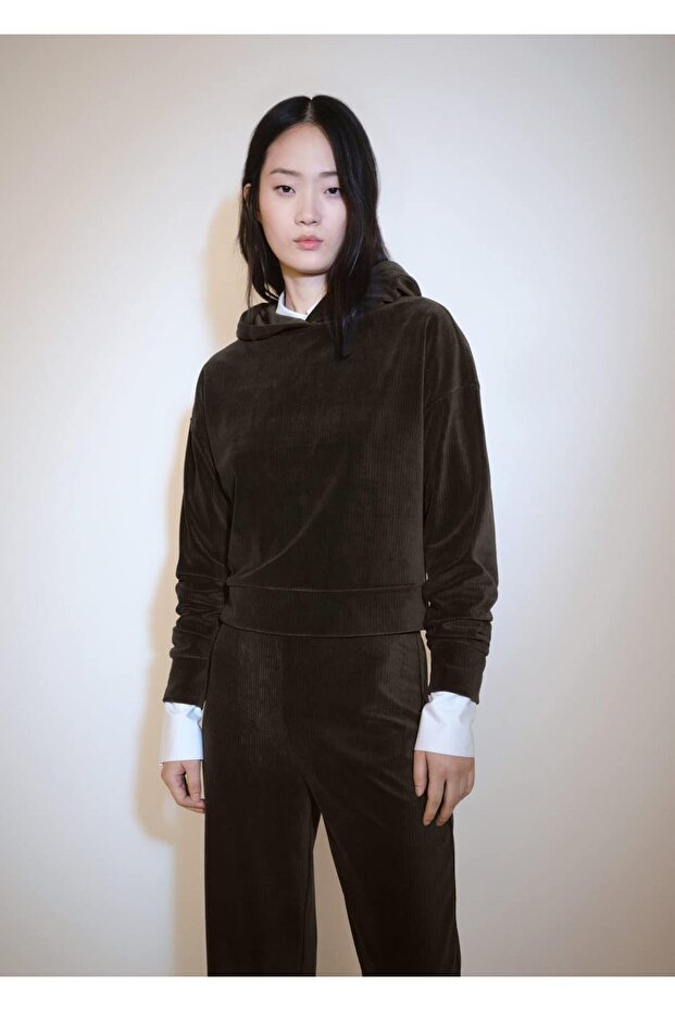 Fitilli kadife kapüşonlu bluz - 1