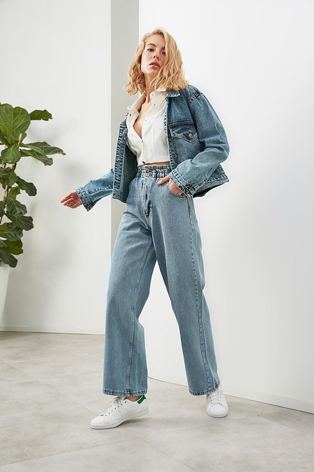 By-4290 High Waist Lycra Belt Drawstring Loose Wide Leg Jean Jeans with Elastic Waistband