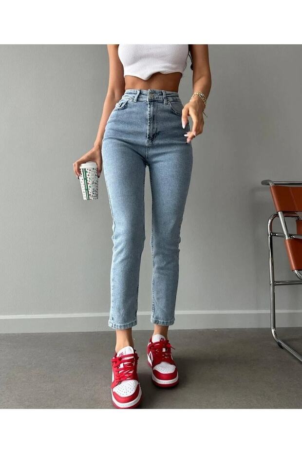 By-2172 Ice Snow Blue Acid Washed High Waist Mom Jeans Stone Narrow Leg Denim Pants