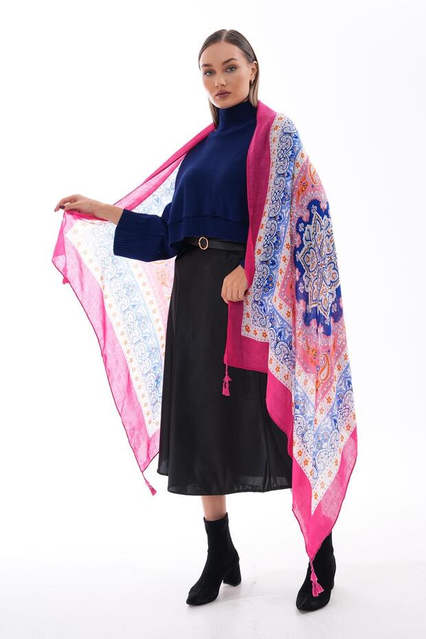 15238 Patchwork Patterned Blue Tassel Shawl - 3