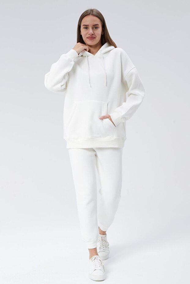 طقم بدلة رياضية بغطاء للرأس بثلاثة خيوط باللون الأبيض - جيب الكنغر - 1