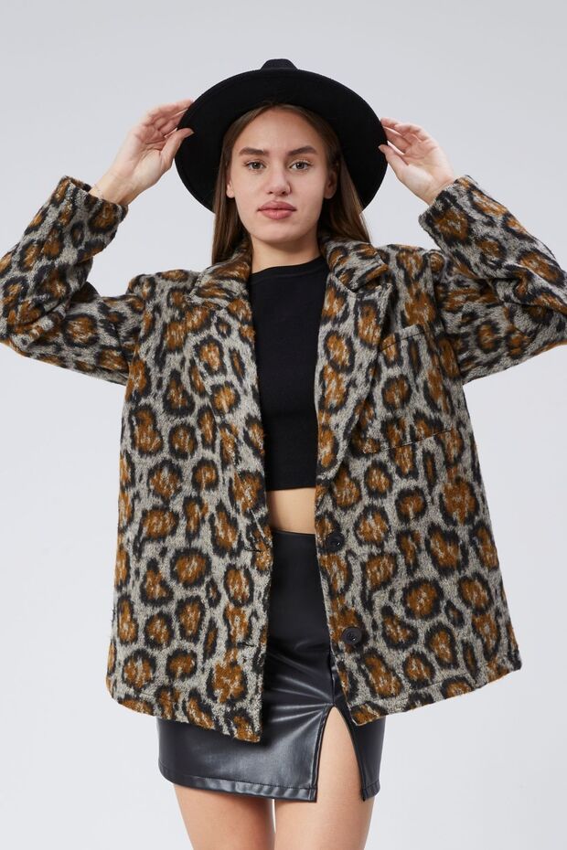Блейзер оверсайз з кишенями з леопардовим принтом - STD - Кава - 3