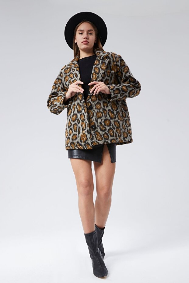 Блейзер оверсайз з кишенями з леопардовим принтом - STD - Кава - 5