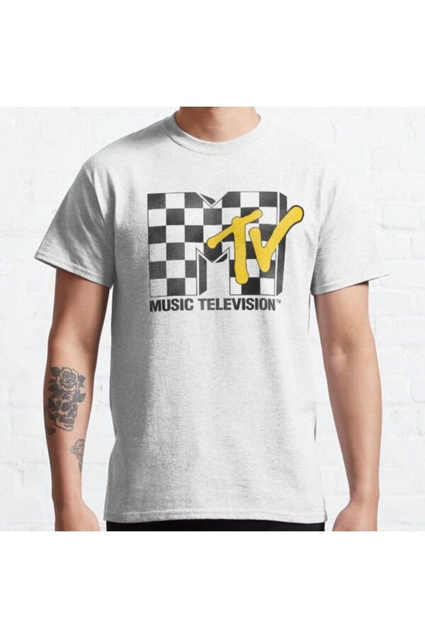 Loose Fit Unisex Mtv Vintage Distressed Yellow Checkerboard Simple Logo Design Printed T-shirt