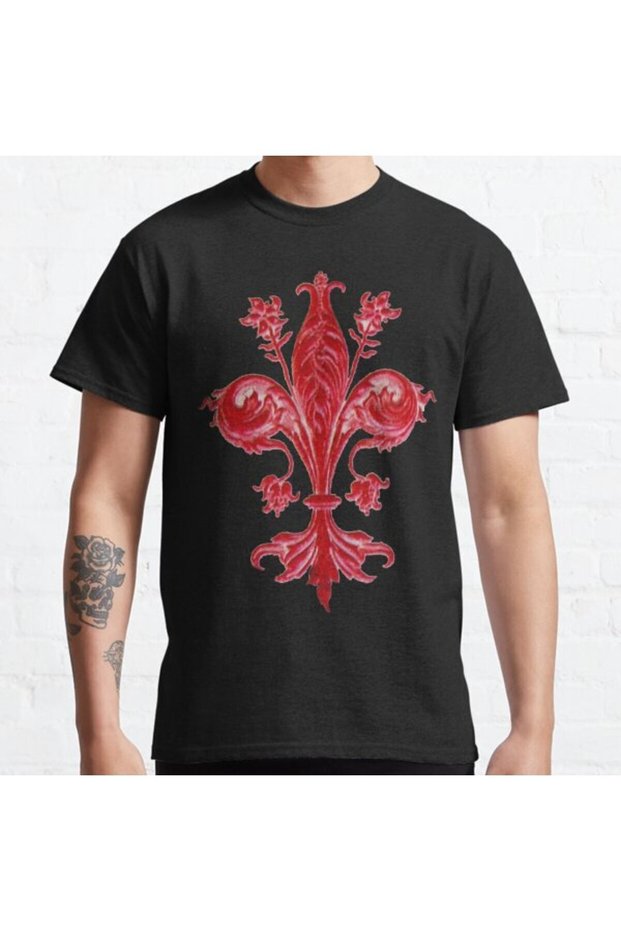 Loose Fit Unisex Antique Red Fleur De Lis Heraldic Floral Design Printed T-shirt