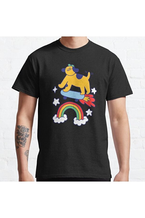 Loose Fit Unisex Dog Flying On A Skateboard Design Printed T-shirt