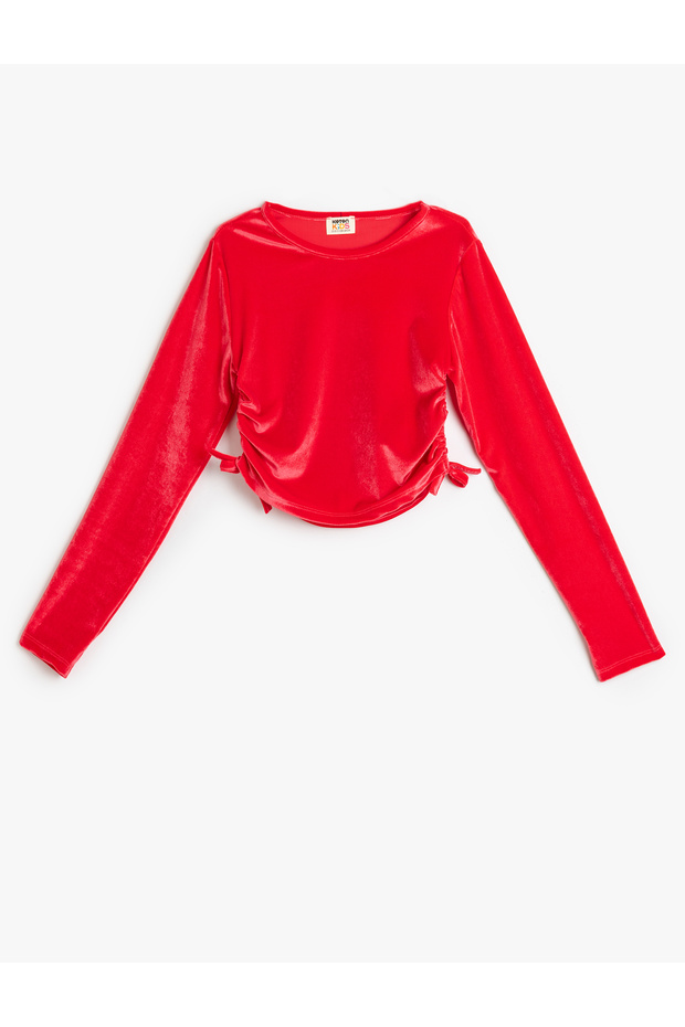 Velvet Blouse Long Sleeve Crew Neck with Gathered Side Ties