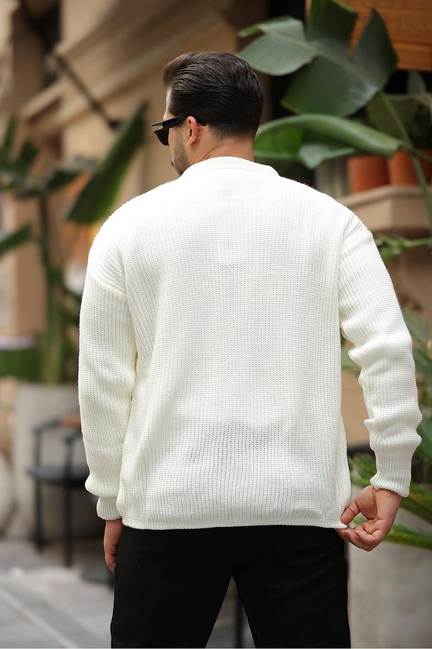 Oversize Selanik Örgü Düğmeli Erkek Hırka- Ekru - 5