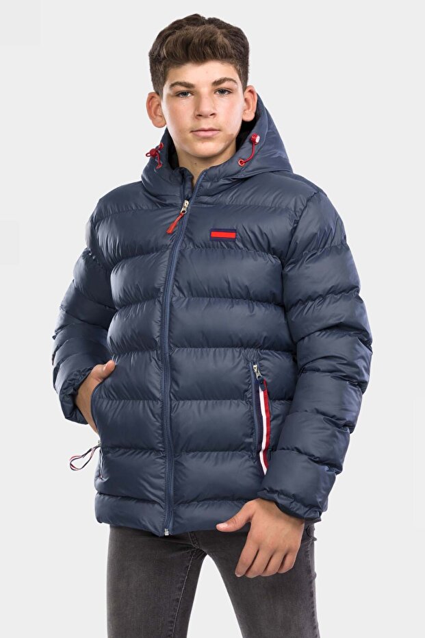 Boy's Navy Blue Fleece Inside Furry Waterproof Winter Thick Hooded Coat