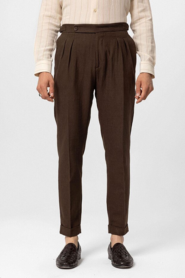 High Waist Linen Blend Double-Legged Men's Trousers