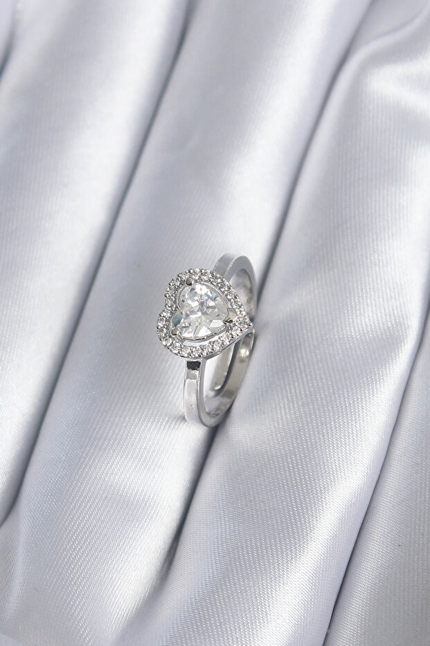 Brass Silver Color Zircon Stone Heart Charm Model Women's Ring